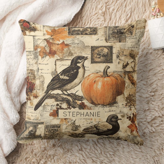  Autumn Ephemera Collage | Rustic Birds Kussen (Deken)