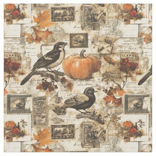 Autumn Ephemera Collage | Rustic Birds Stof (Close Up)