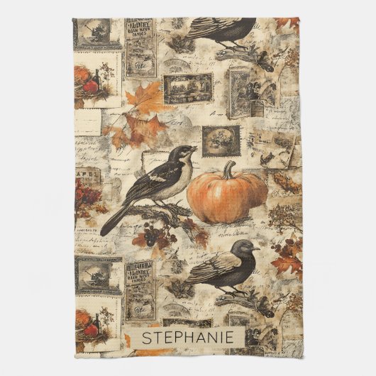  Autumn Ephemera Collage | Rustic Birds Theedoek (Verticaal)