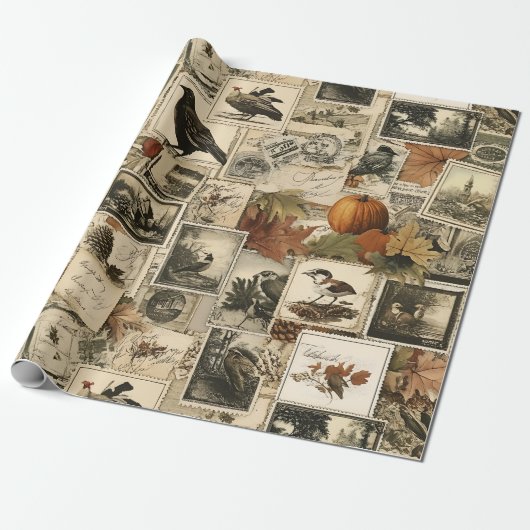 Autumn Ephemera Collage | Rustieke vogels (2) Cadeaupapier (Uitgerold)