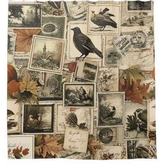 Autumn Ephemera Collage | Rustieke vogels (2) Douchegordijn (Voorkant)