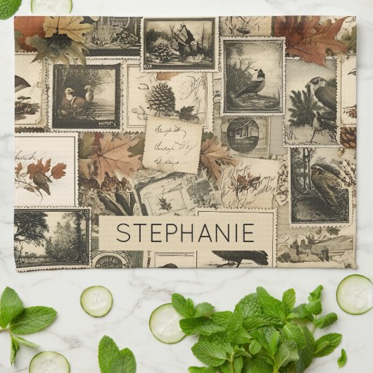 Autumn Ephemera Collage | Rustieke vogels (2) Theedoek (Gevouwen)