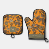 Autumn Exotic Flowers Monogram aanpassen Ovenwant & Pannenlap Set (Voorkant)