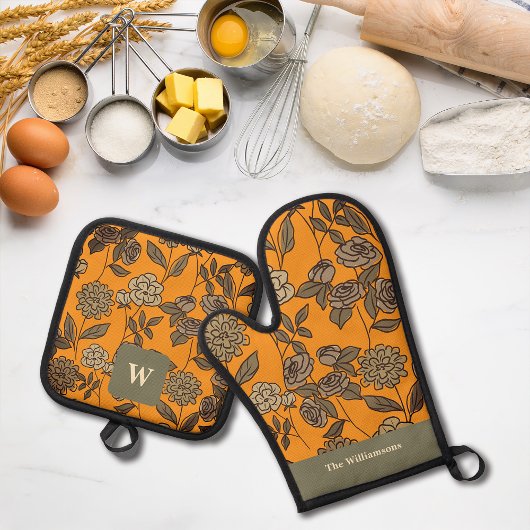 Autumn Exotic Flowers Monogram aanpassen Ovenwant & Pannenlap Set