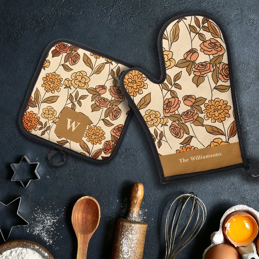 Autumn Exotic Flowers Monogram aanpassen Ovenwant & Pannenlap Set
