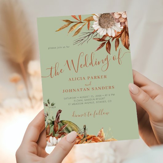 Autumn fall botanical sage green QR code wedding Kaart