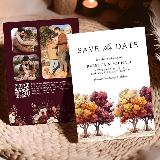 Autumn Fall Burgundy Trees QR Code Photo Wedding Save The Date
