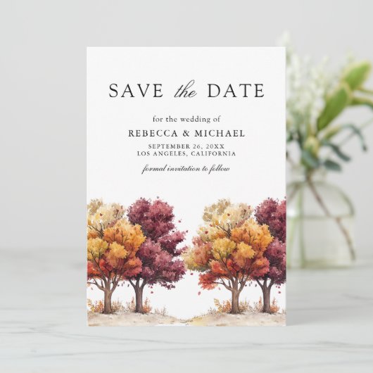 Autumn Fall Burgundy Trees QR Code Photo Wedding   Save The Date (Staand voorkant)