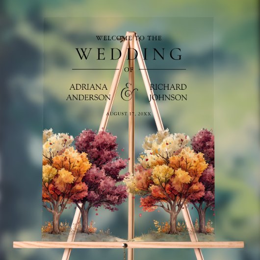 Autumn Fall Burgundy Trees Wedding Welcome Acryl Bord (Neutraal)