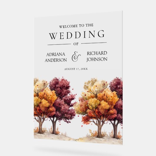 Autumn Fall Burgundy Trees Wedding Welcome Acryl Bord (Hoek)