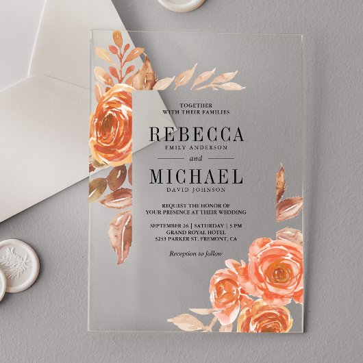 Autumn Fall Burnt Orange Floral Terracotta Wedding Acryl Uitnodigingen