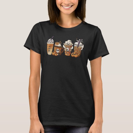 Autumn Fall Coffee Latte Cups Horrors & Ghost Hall T-shirt (Voorkant)