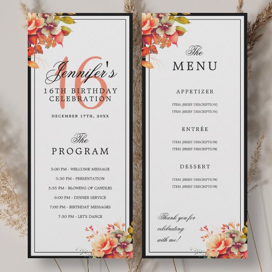Autumn Fall Floral 16th Birthday Program Menu  Kaart