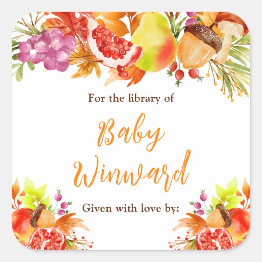 Autumn Fall Harvest Baby Shower Bookplate Vierkante Sticker (Voorkant)