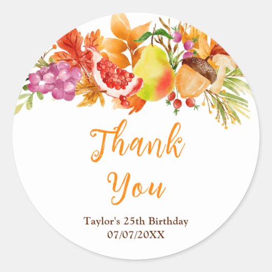 Autumn Fall Harvest Birthday Party Thank You Ronde Sticker (Voorkant)