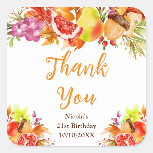 Autumn Fall Harvest Birthday Thank You Vierkante Sticker (Voorkant)