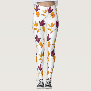 Autumn Fall Leaves Yellow Burgundy and White Leggings