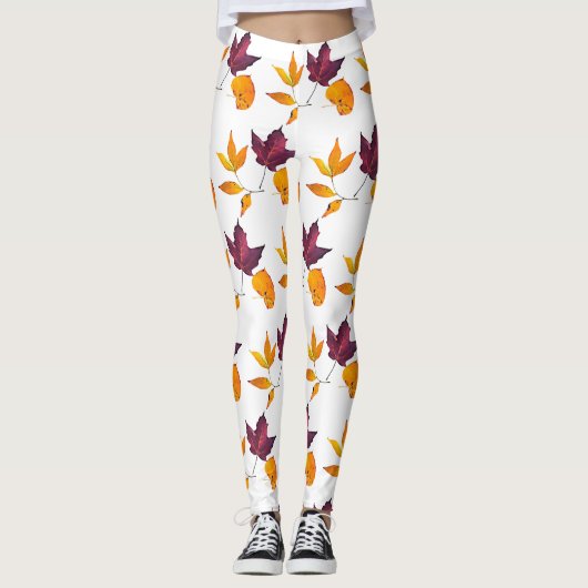 Autumn Fall Leaves Yellow Burgundy and White Leggings (Voorkant)