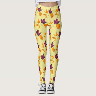 Autumn Fall Leaves Yellow Mauve Burgundy and White Leggings