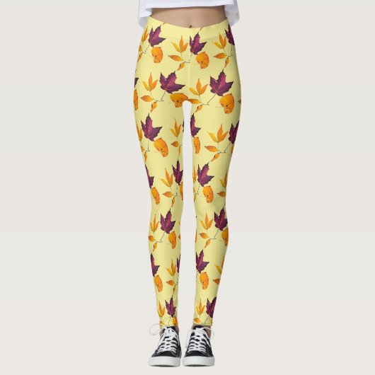 Autumn Fall Leaves Yellow Mauve Burgundy and White Leggings (Voorkant)