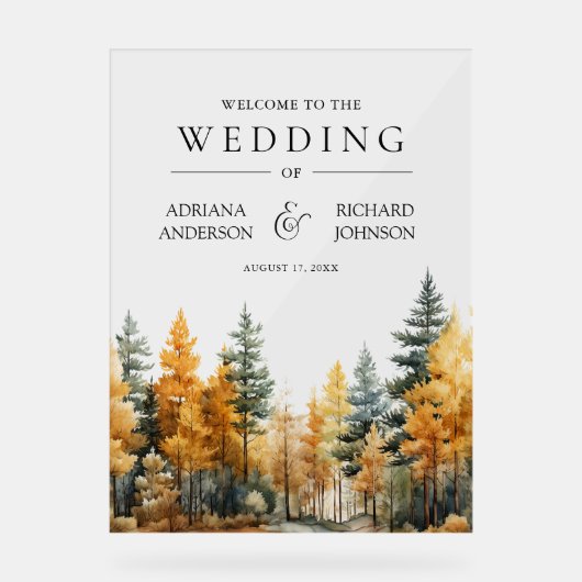Autumn Fall Pine Trees Wedding Welcome Acryl Bord (Voorkant)