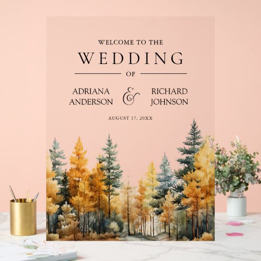 Autumn Fall Pine Trees Wedding Welcome Acryl Bord (Huwelijk)