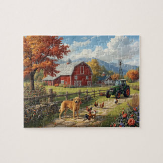Autumn Farm Dog Tractor Red Barn Fall Scene Legpuzzel