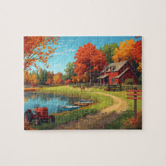 Autumn Farm Pond Red House Tractor Scene Legpuzzel