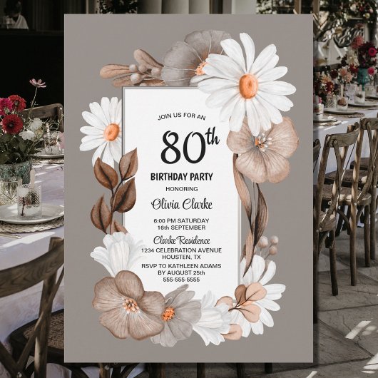 Autumn Floral 80th Birthday Party Kaart