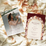 Autumn Floral Bourgondië Cream Foto Vrijgezellenfe Kaart<br><div class="desc">Deze herfst bloemenbordeaux creme foto bruids douche uitnodiging ontwerp is een dromerig ensemble dat de essentie van charme en moderne elegantie belichaamt. Herfst Met herfstbloemen en bladeren in herfstkleuren, geaccentueerd met gouden geometrische randen, biedt ons ontwerp een eenvoudige maar fascinerende esthetiek die perfect is voor uw zomer- of zomerviering. Tegen...</div>