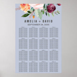 Autumn Floral Dusty Blue Seating Chart Poster