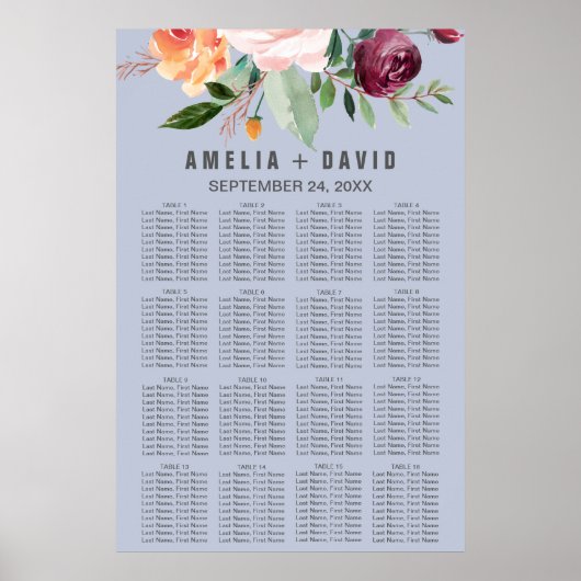 Autumn Floral Dusty Blue Seating Chart Poster (Voorkant)