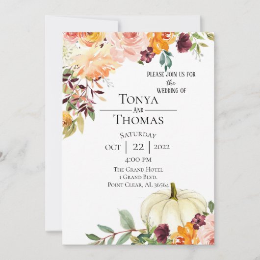 Autumn Floral en Pumpkin Wedding Kaart (Voorkant)