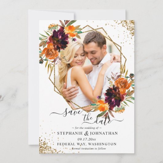 Autumn Floral Gold Glitter Save The Date (Voorkant)