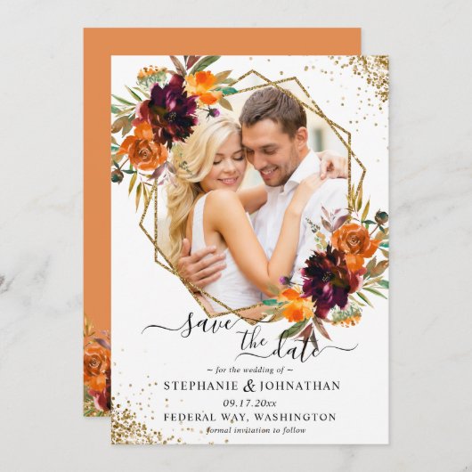 Autumn Floral Gold Glitter Save The Date (Voorkant / Achterkant)