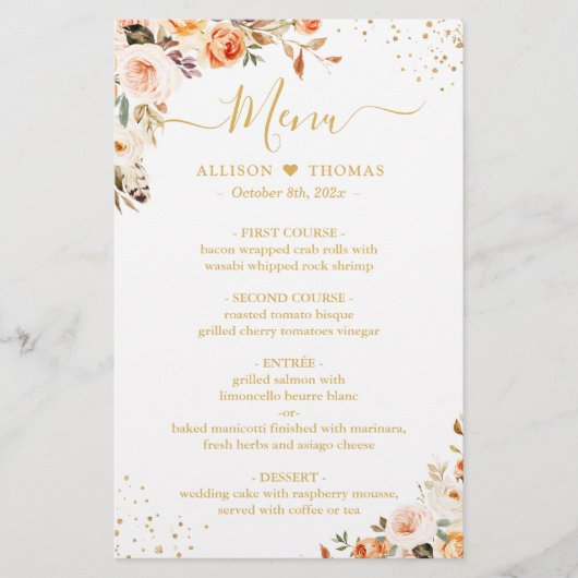 Autumn Floral Leaves Boho Chic Wedding Dinner Menu (Voorkant)