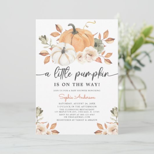 Autumn Floral Little Pumpkin Baby shower Kaart (Staand voorkant)