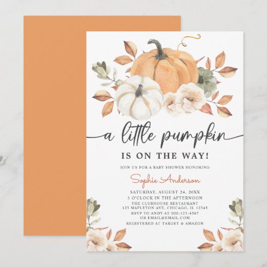 Autumn Floral Little Pumpkin Baby shower Kaart (Voorkant / Achterkant)