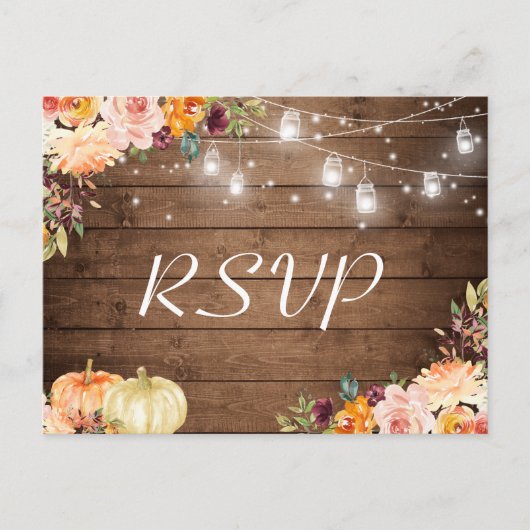 Autumn Floral Mason Jar Lights Rustic Wedding RSVP Uitnodiging Briefkaart (Voorkant)