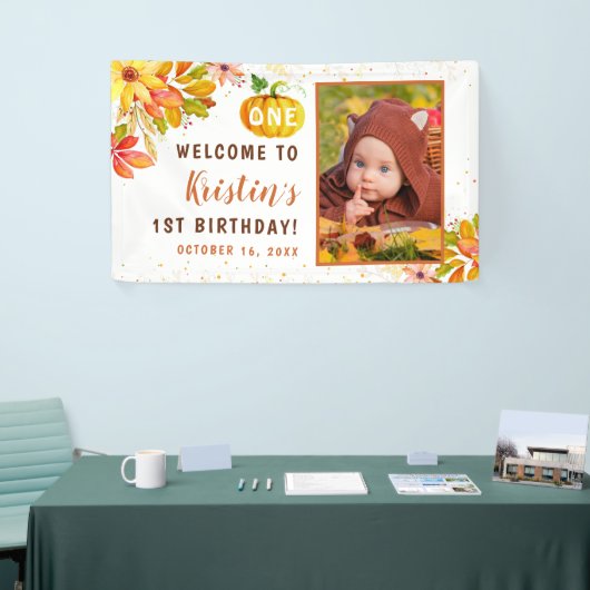 Autumn Floral Pumpkin 1st Birthday Welkomfoto Spandoek (Beurs)
