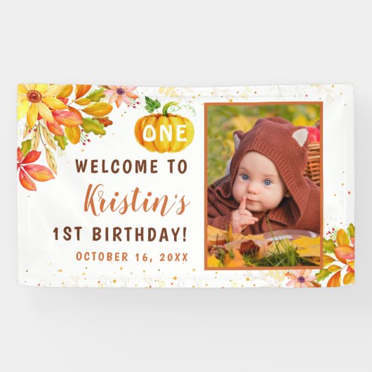 Autumn Floral Pumpkin 1st Birthday Welkomfoto Spandoek (Horizontaal)