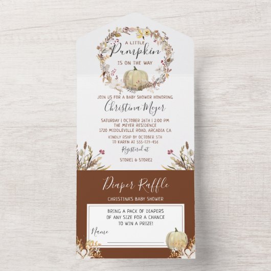 Autumn Floral Pumpkin-Baby shower en luieraffle All In One Uitnodiging (Binnen)
