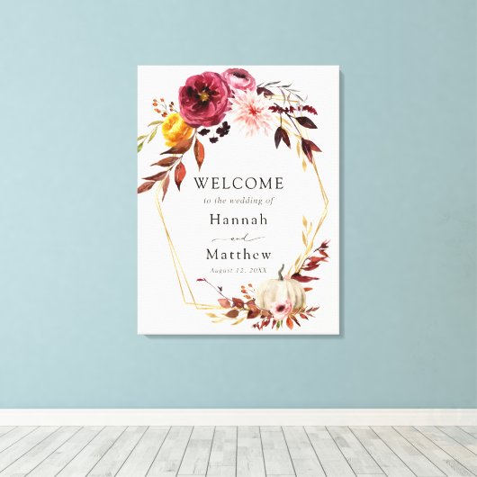 Autumn Floral Pumpkin Weddenschap Welkomstteken Canvas Afdruk (Insitu (Houten vloer))