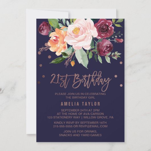 Autumn Floral Roos Gold 21st Birthday Party Kaart (Voorkant)