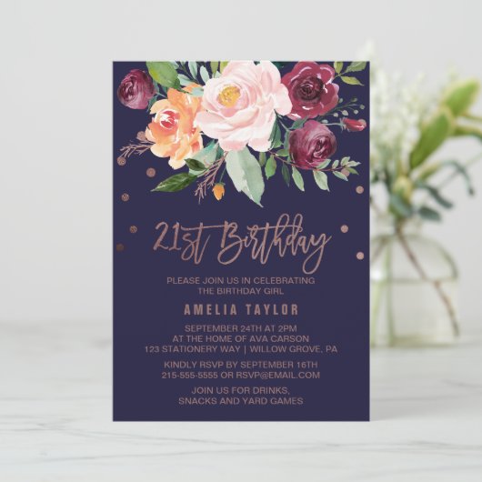 Autumn Floral Roos Gold 21st Birthday Party Kaart (Staand voorkant)