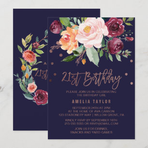 Autumn Floral Roos Gold 21st Birthday Party Kaart