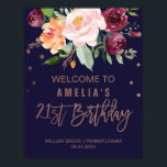 Autumn Floral Roos Gold 21st Birthday Welkom Poster<br><div class="desc">Dit herfstjaar is het roos gouden 21ste verjaardag het poster van welkom voor een herfst verjaardagsfeest. Het ontwerp is voorzien van een verbluffend boeket van oranje perziken en marsala-gebrande bloemen met faux roos Gold folie-typografie en confetti. Pas het poster aan met de naam van het verjaardagsmeisje en de datum en...</div>