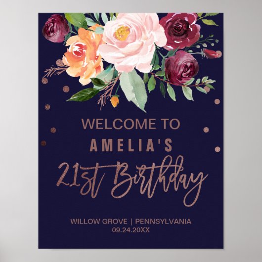 Autumn Floral Roos Gold 21st Birthday Welkom Poster (Voorkant)