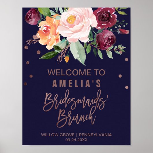 Autumn Floral Roos Gold Bridesmaids Brunch Welkom Poster (Voorkant)