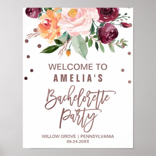 Autumn Floral Roos Gold Light Bachelorette Welkom Poster (Voorkant)